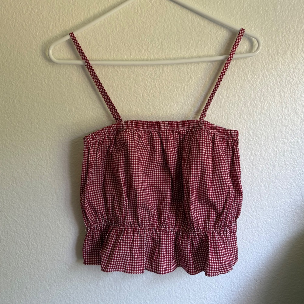 Y2K Say What? Red Gingham Cropped Cami Top Peplum Ruffle Hem Large